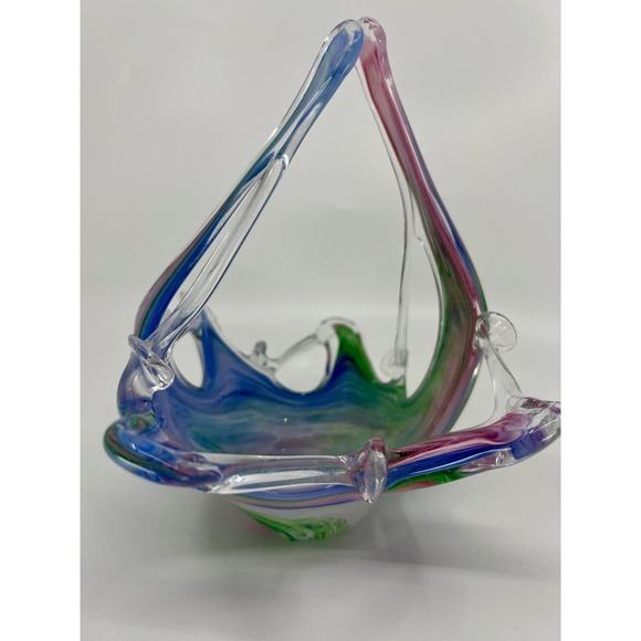 VNTG Murano Multi-Color Pastel Swirl Hand-Blown Art Glass Basket Bowl Easter - Picture 2 of 10